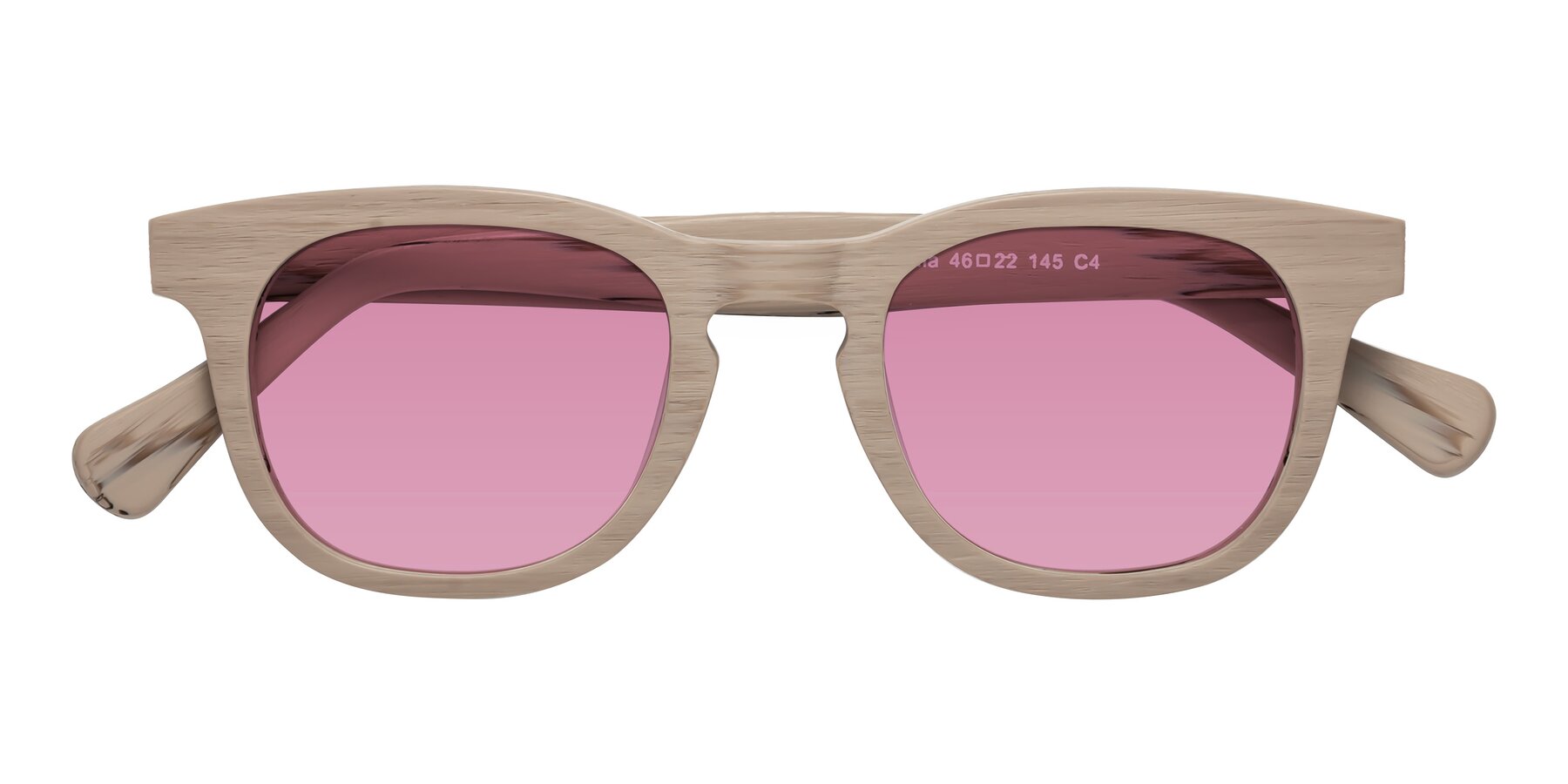 Folded Front of Tonia in Pale Mauve Woodgrain with Medium Wine Tinted Lenses