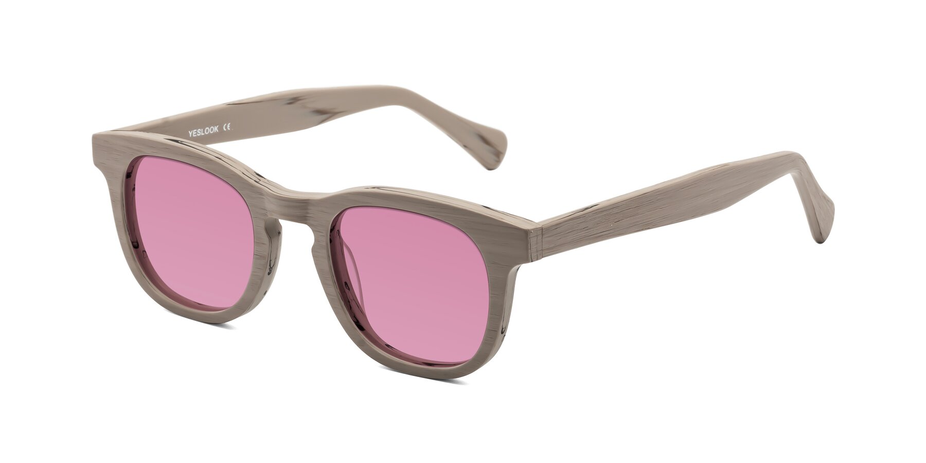 Angle of Tonia in Pale Mauve Woodgrain with Medium Wine Tinted Lenses