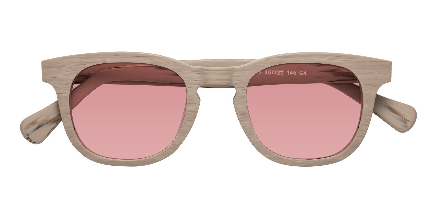 Folded Front of Tonia in Pale Mauve Woodgrain with Medium Garnet Tinted Lenses