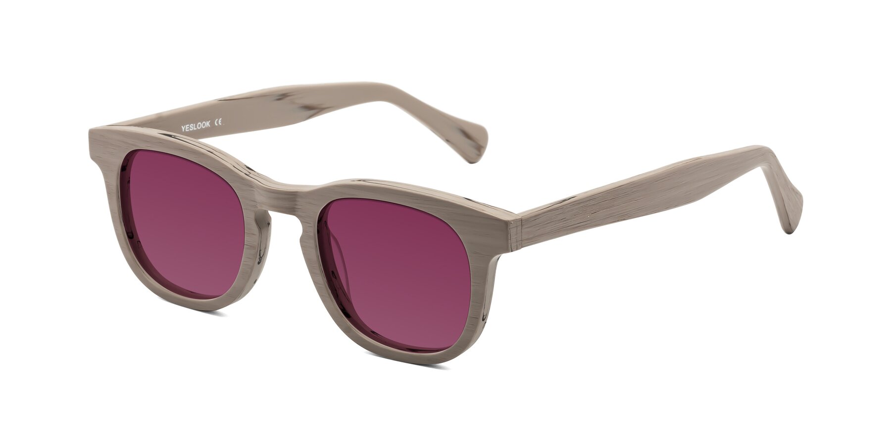 Angle of Tonia in Pale Mauve Woodgrain with Wine Tinted Lenses