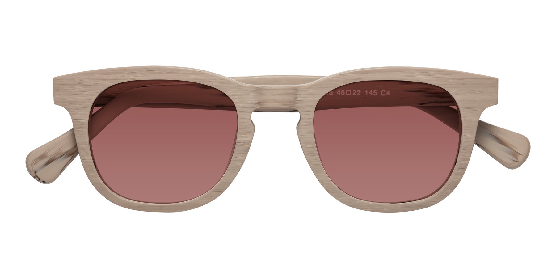 Folded Front of Tonia in Pale Mauve Woodgrain with Garnet Tinted Lenses