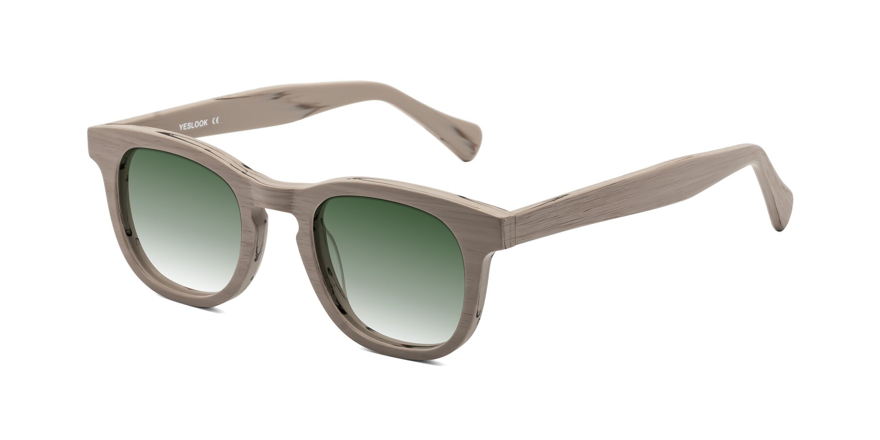 Angle of Tonia in Pale Mauve Woodgrain with Green Gradient Lenses