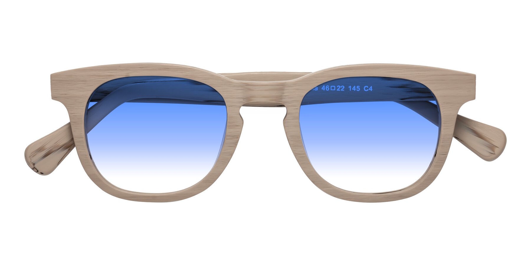 Folded Front of Tonia in Pale Mauve Woodgrain with Blue Gradient Lenses