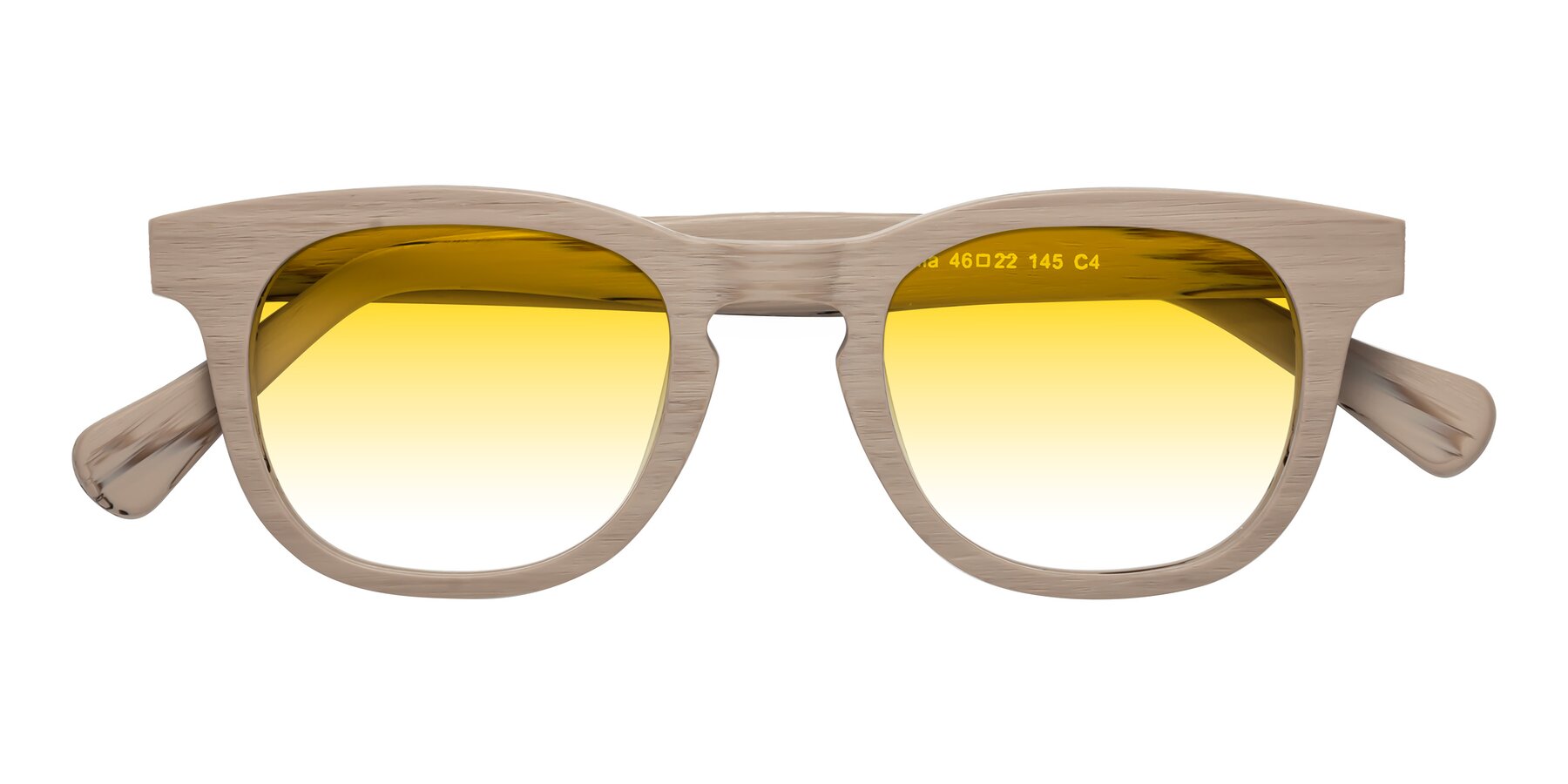 Folded Front of Tonia in Pale Mauve Woodgrain with Yellow Gradient Lenses