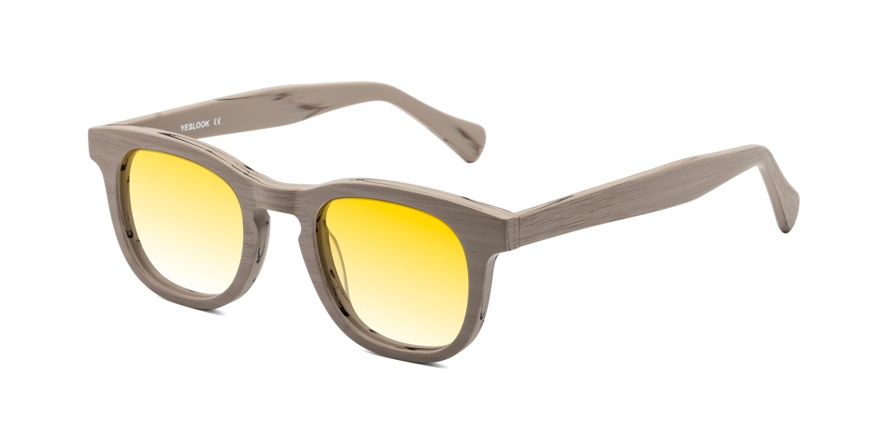 Angle of Tonia in Pale Mauve Woodgrain with Yellow Gradient Lenses