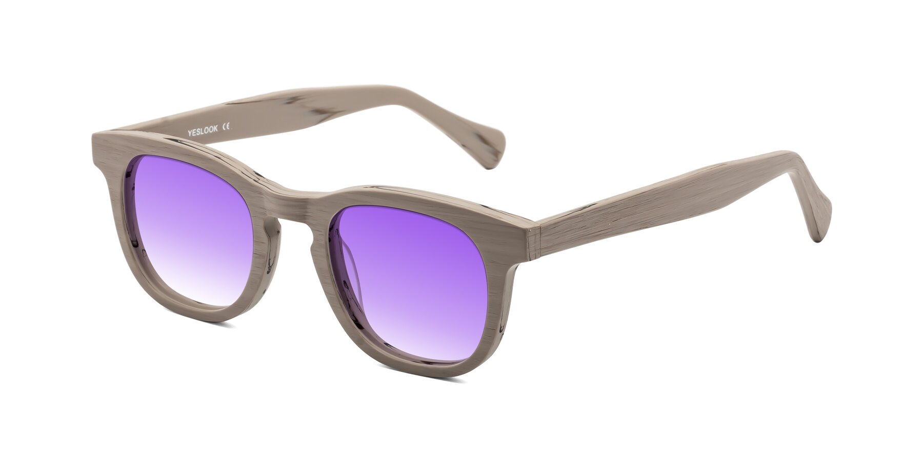 Angle of Tonia in Pale Mauve Woodgrain with Purple Gradient Lenses