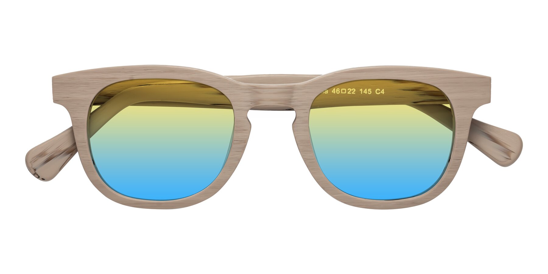 Folded Front of Tonia in Pale Mauve Woodgrain with Yellow / Blue Gradient Lenses