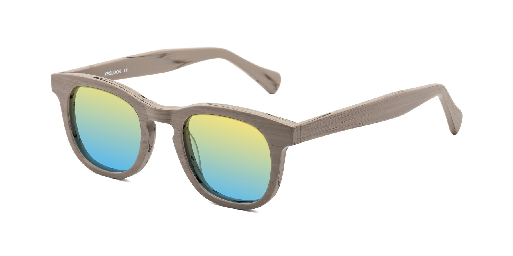 Angle of Tonia in Pale Mauve Woodgrain with Yellow / Blue Gradient Lenses