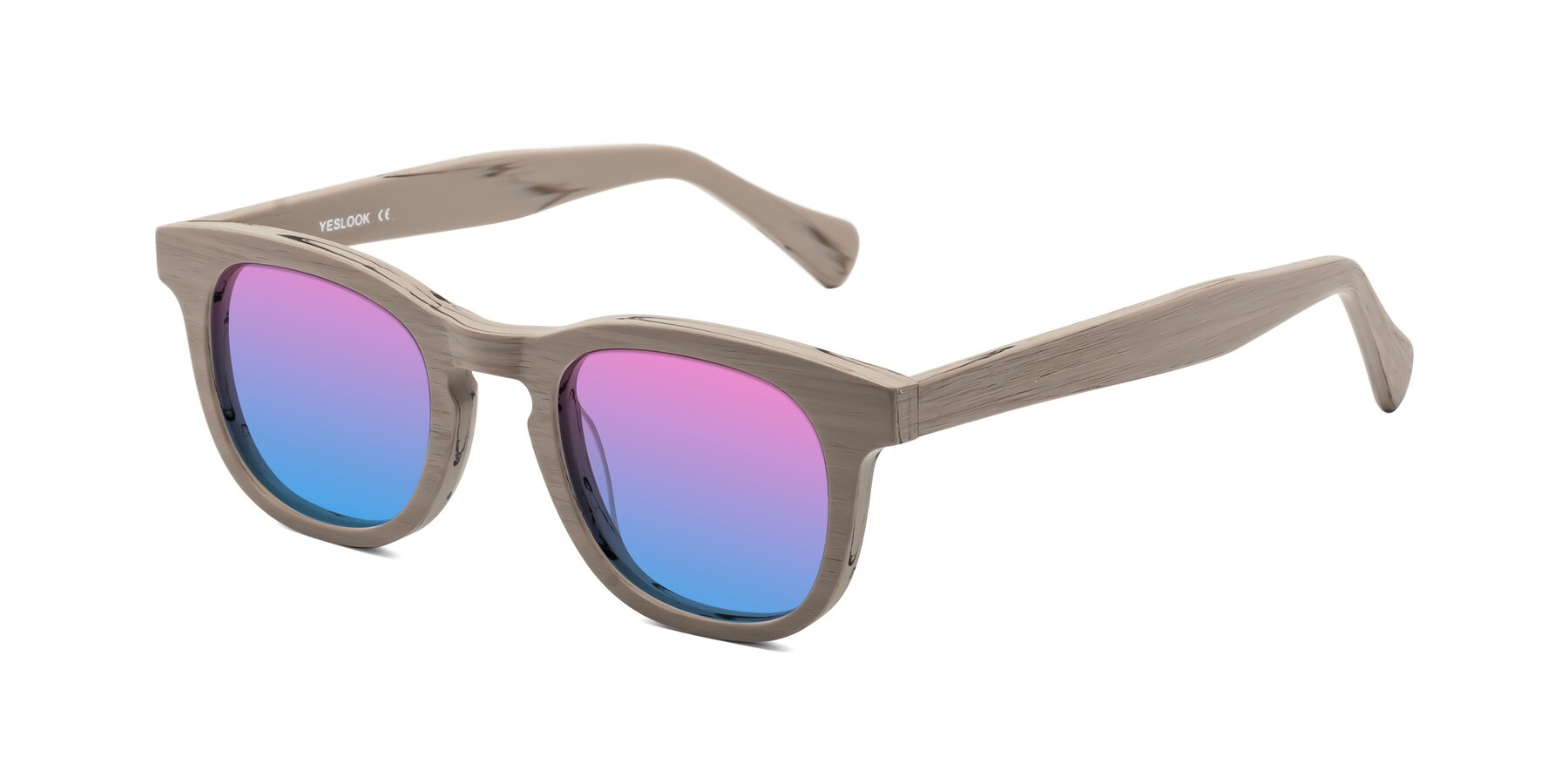 Angle of Tonia in Pale Mauve Woodgrain with Pink / Blue Gradient Lenses