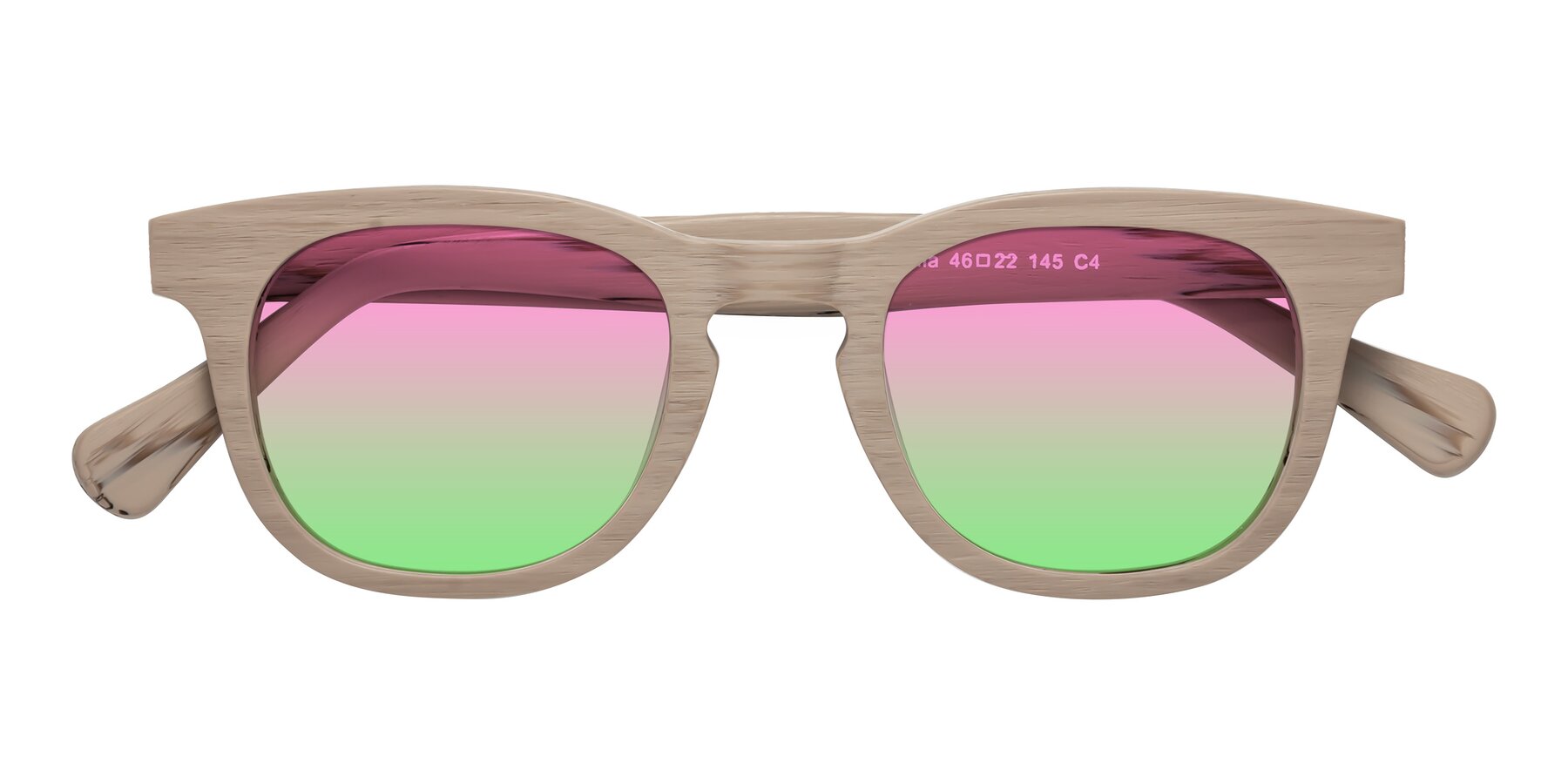 Folded Front of Tonia in Pale Mauve Woodgrain with Pink / Green Gradient Lenses