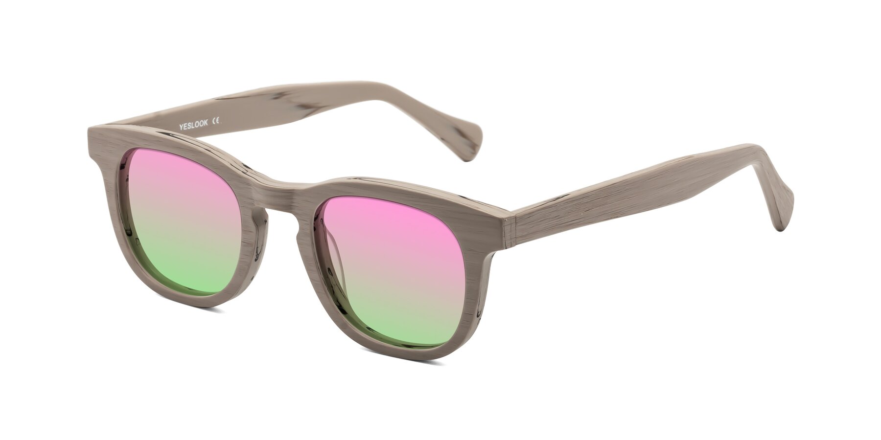 Angle of Tonia in Pale Mauve Woodgrain with Pink / Green Gradient Lenses