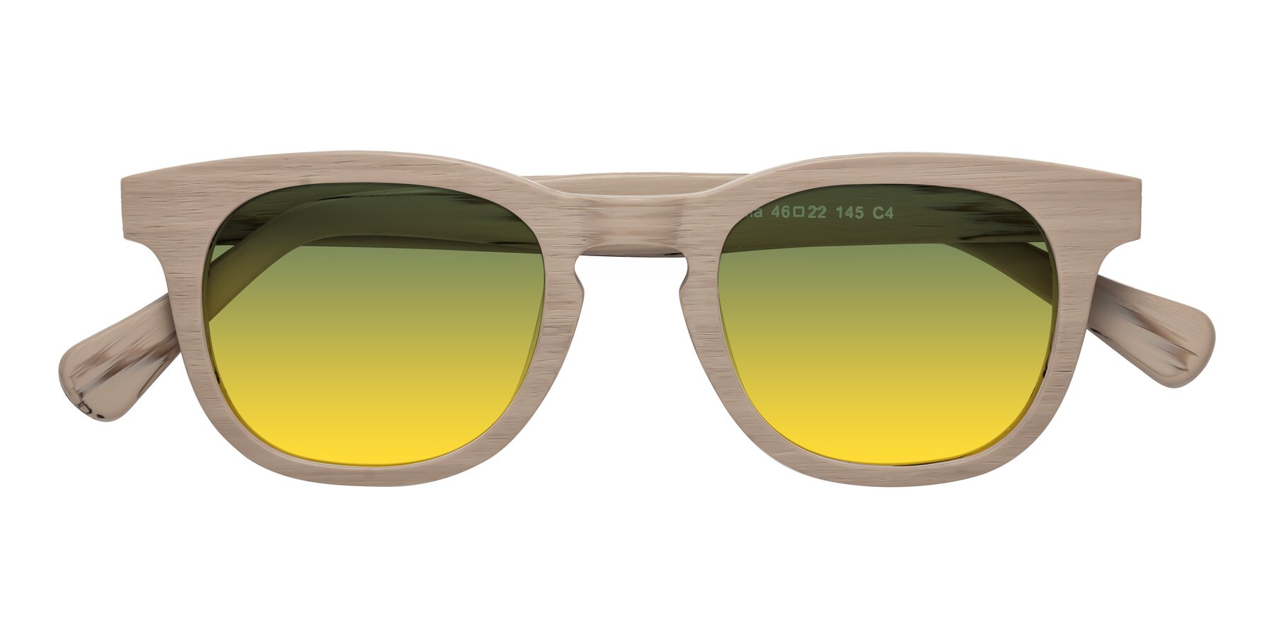 Folded Front of Tonia in Pale Mauve Woodgrain with Green / Yellow Gradient Lenses