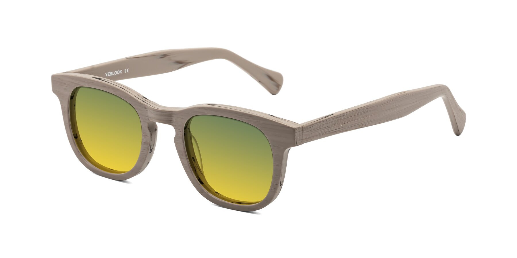 Angle of Tonia in Pale Mauve Woodgrain with Green / Yellow Gradient Lenses