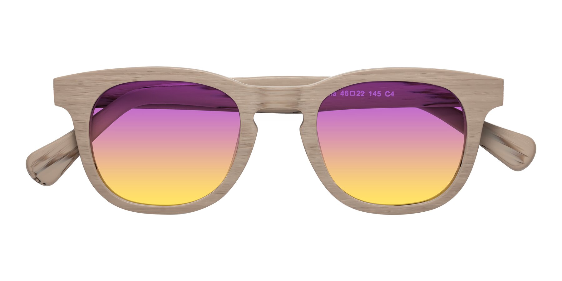 Folded Front of Tonia in Pale Mauve Woodgrain with Purple / Yellow Gradient Lenses