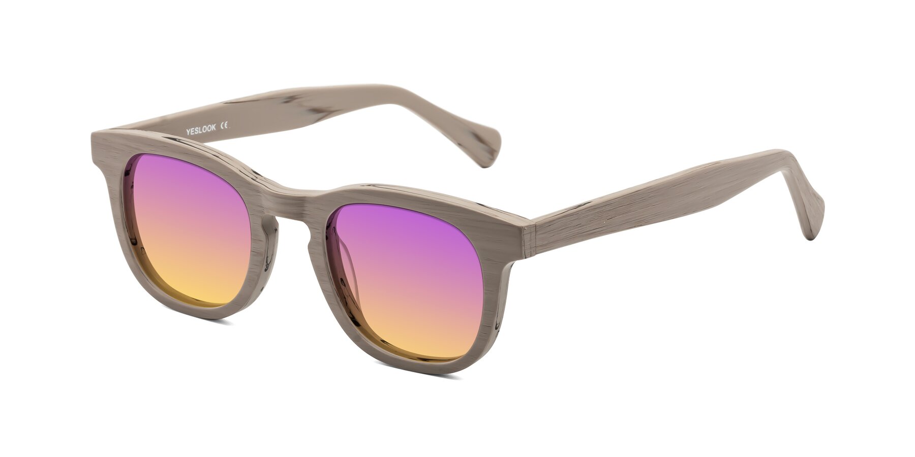 Angle of Tonia in Pale Mauve Woodgrain with Purple / Yellow Gradient Lenses