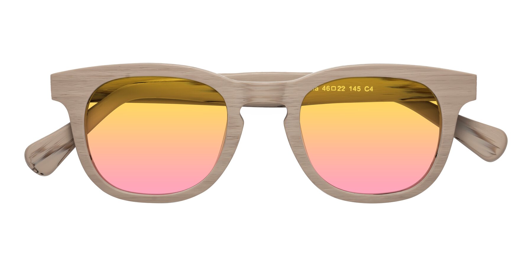 Folded Front of Tonia in Pale Mauve Woodgrain with Yellow / Pink Gradient Lenses