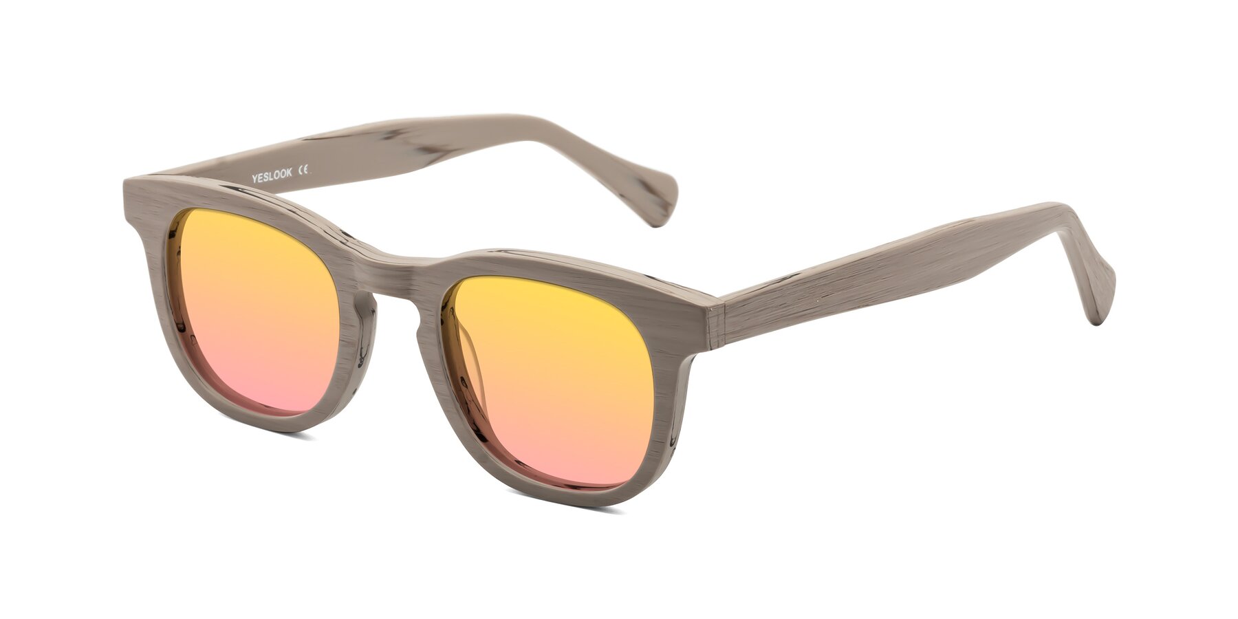 Angle of Tonia in Pale Mauve Woodgrain with Yellow / Pink Gradient Lenses