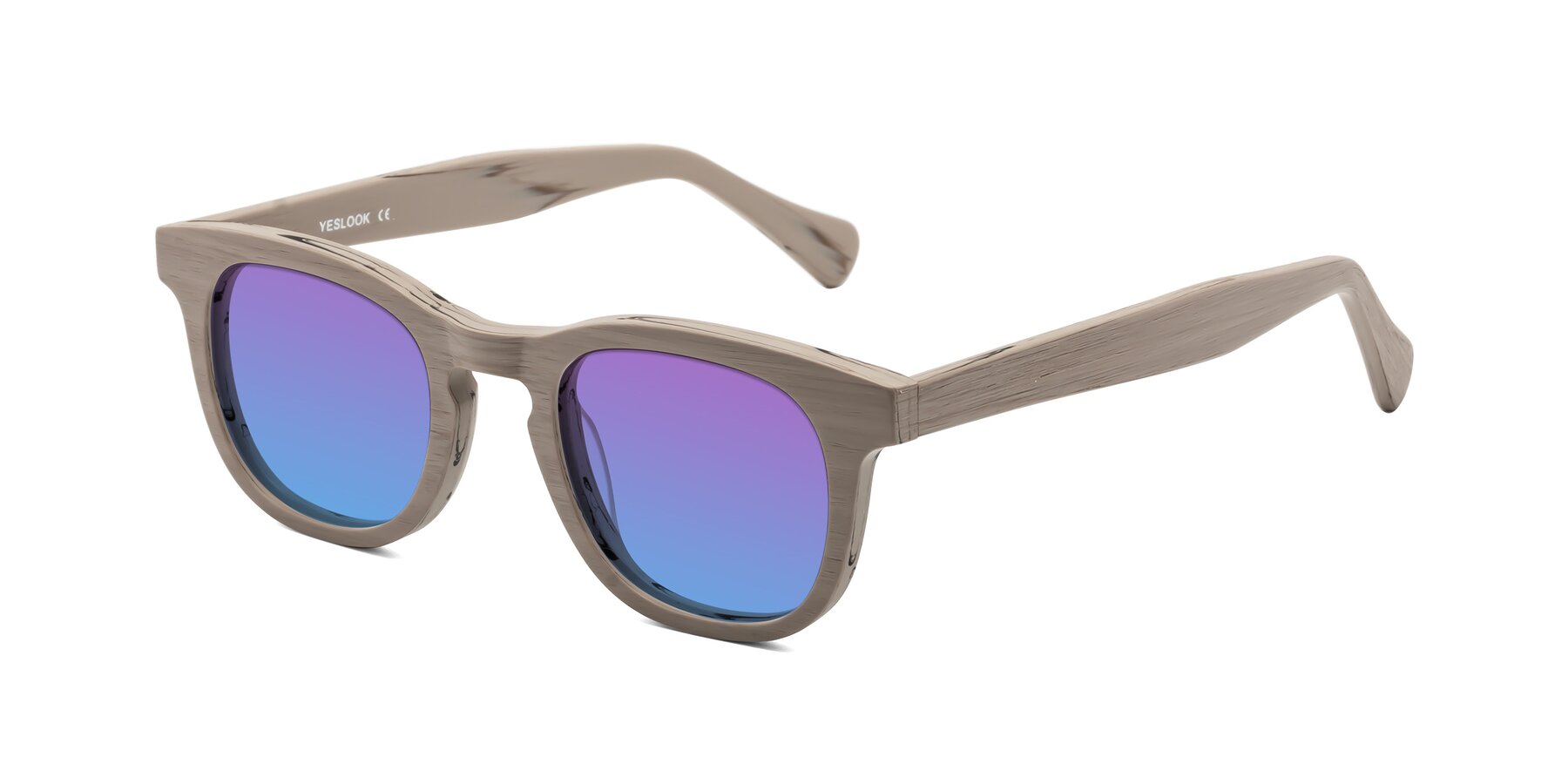 Angle of Tonia in Pale Mauve Woodgrain with Purple / Blue Gradient Lenses