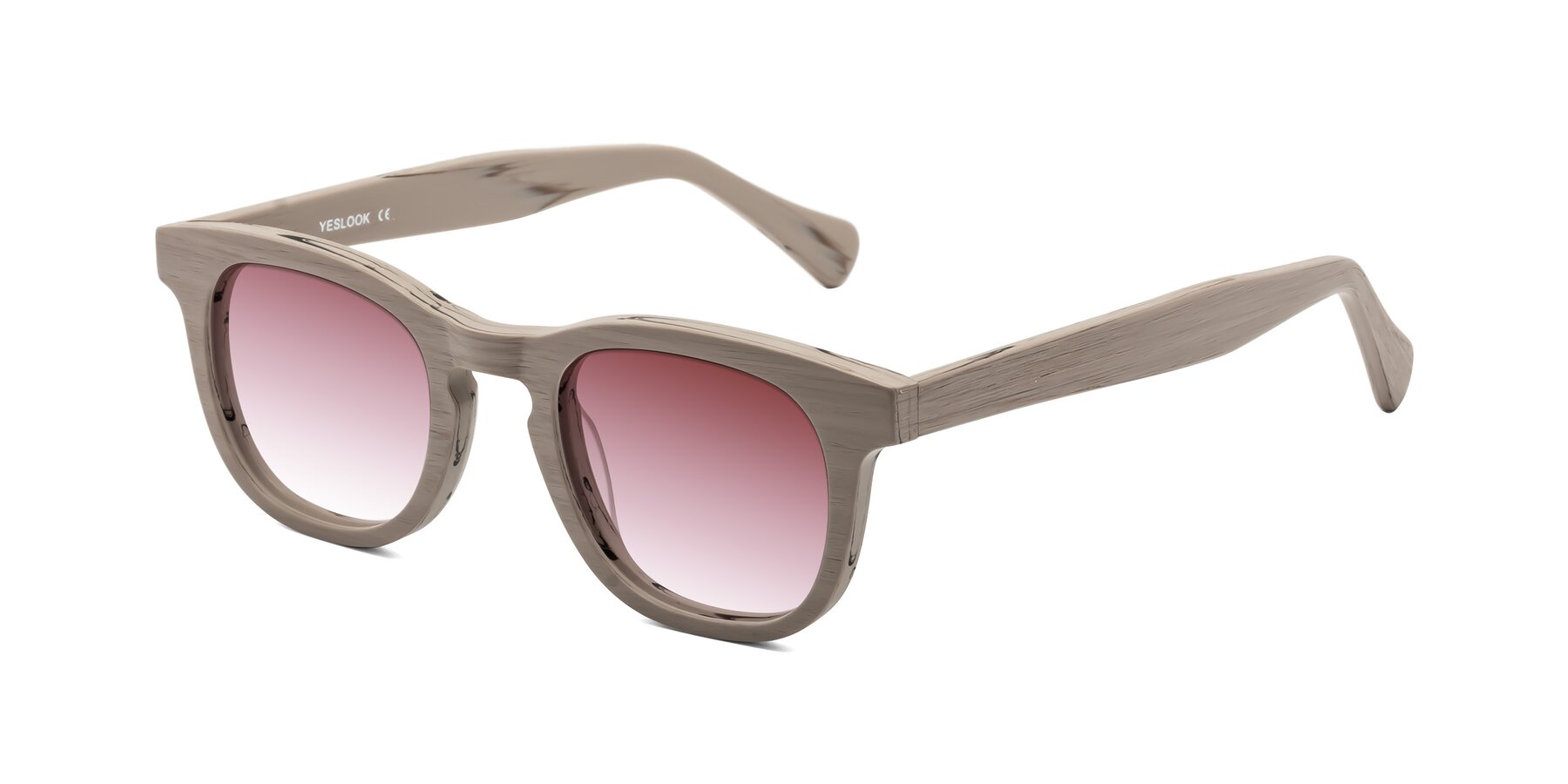 Angle of Tonia in Pale Mauve Woodgrain with Garnet Gradient Lenses