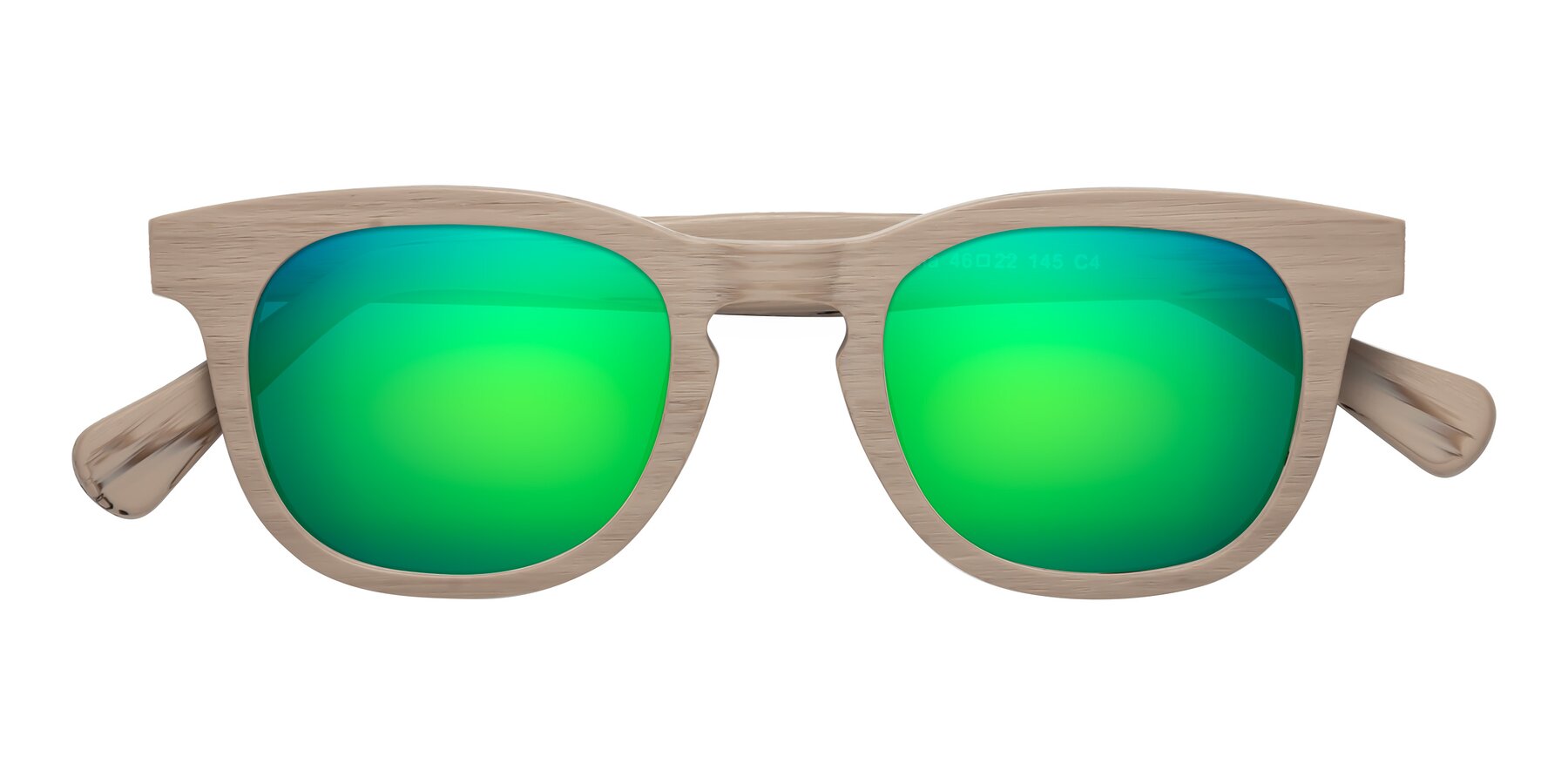 Folded Front of Tonia in Pale Mauve Woodgrain with Green Mirrored Lenses