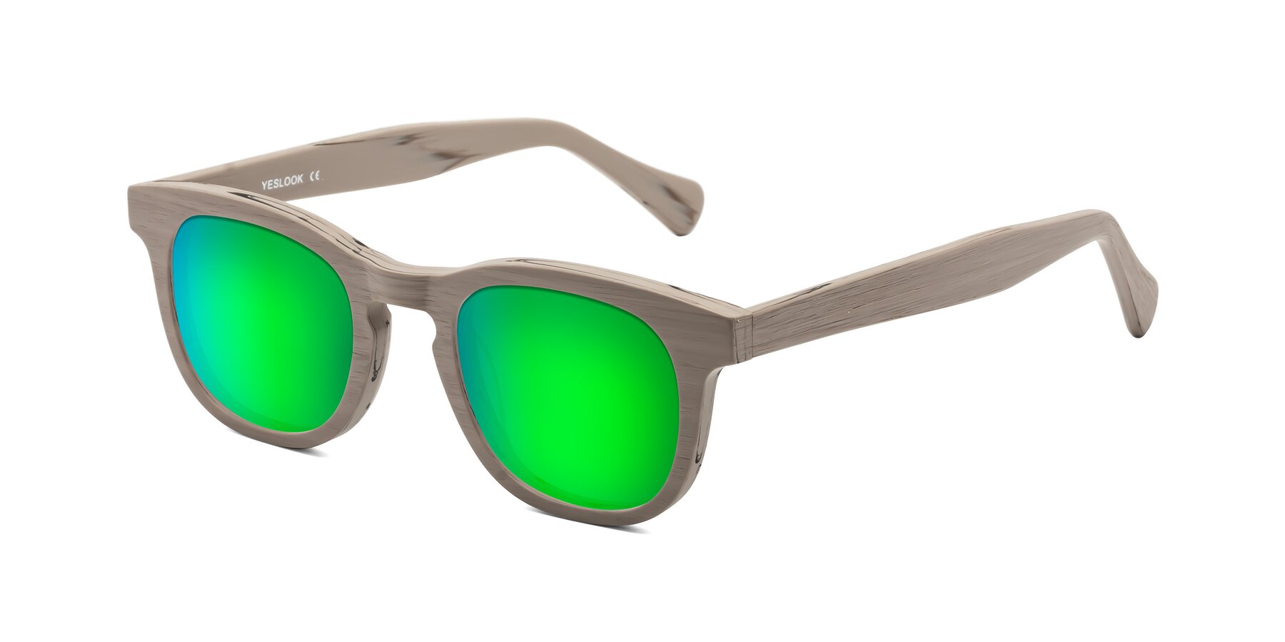 Angle of Tonia in Pale Mauve Woodgrain with Green Mirrored Lenses