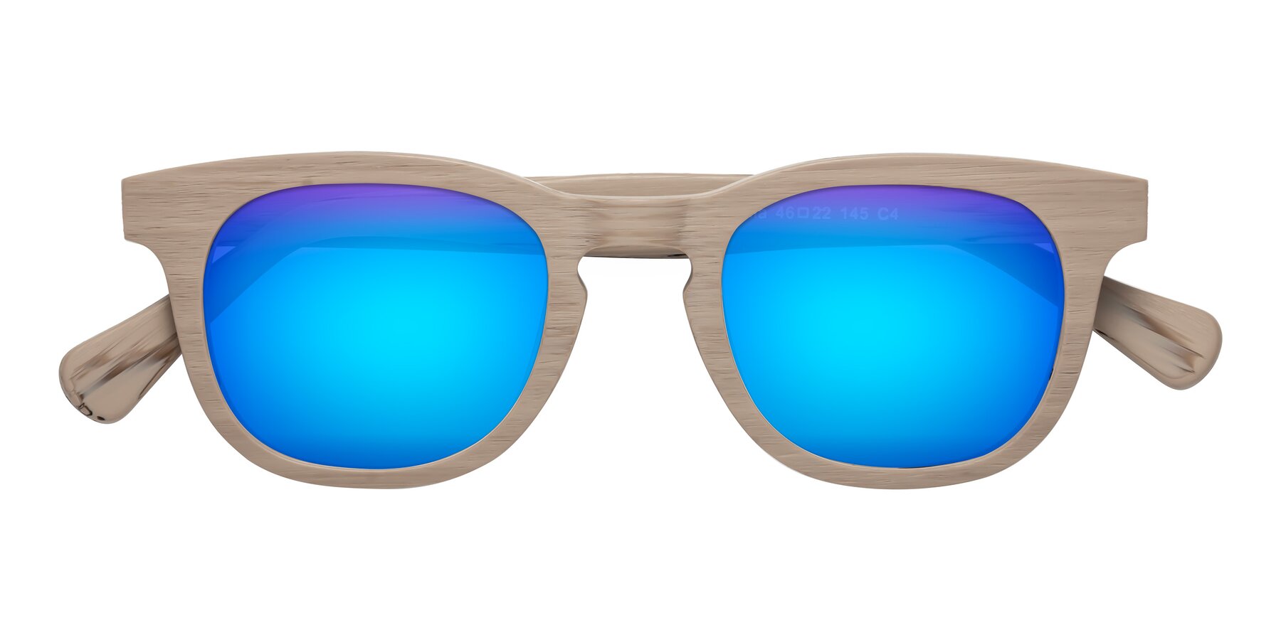 Folded Front of Tonia in Pale Mauve Woodgrain with Blue Mirrored Lenses