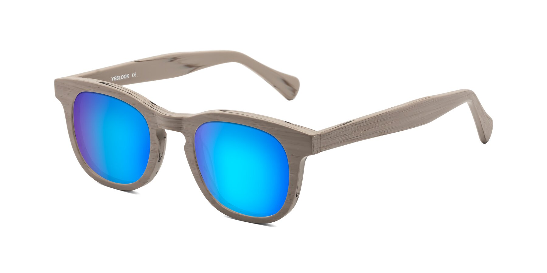 Angle of Tonia in Pale Mauve Woodgrain with Blue Mirrored Lenses