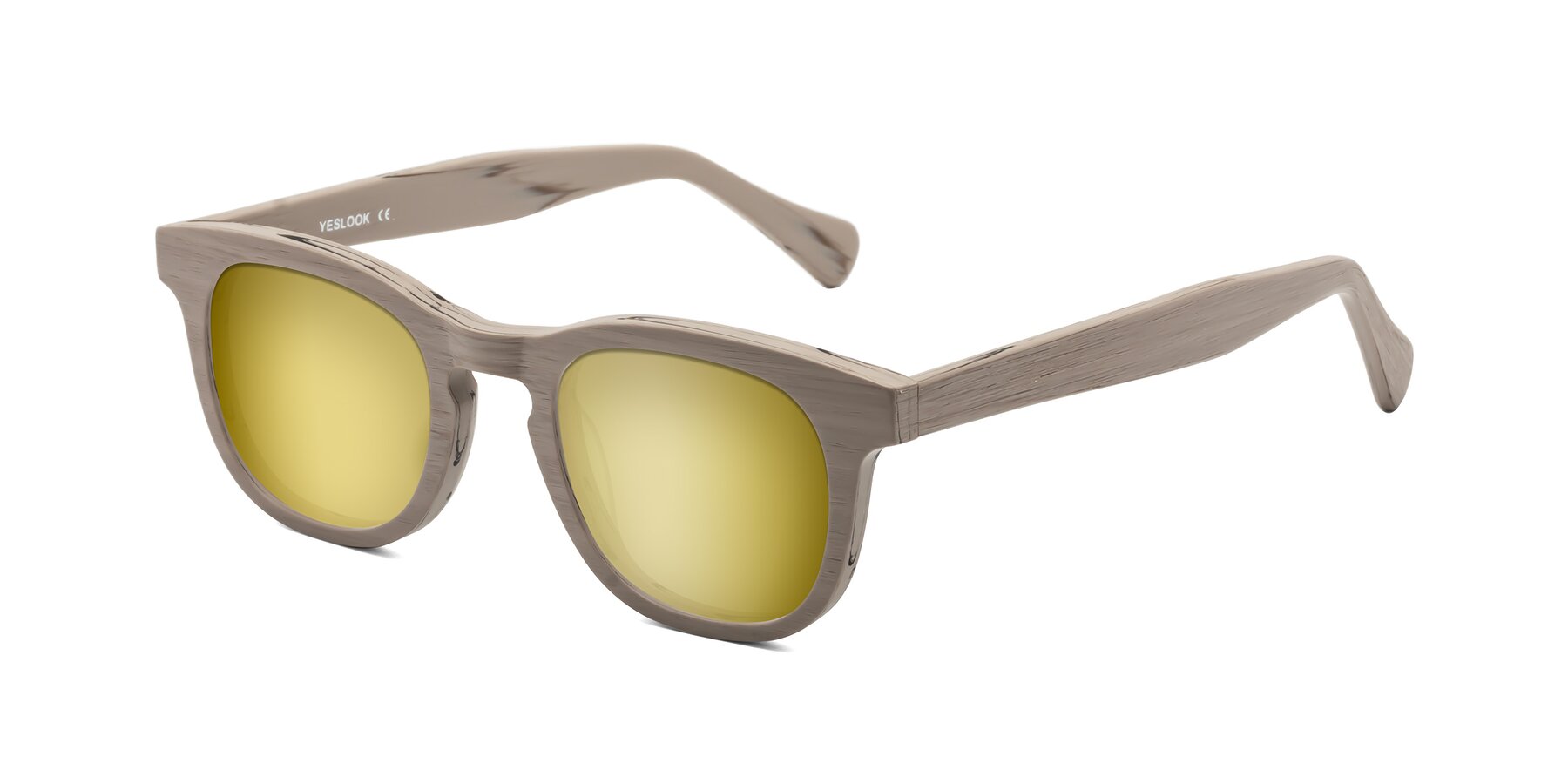 Angle of Tonia in Pale Mauve Woodgrain with Gold Mirrored Lenses