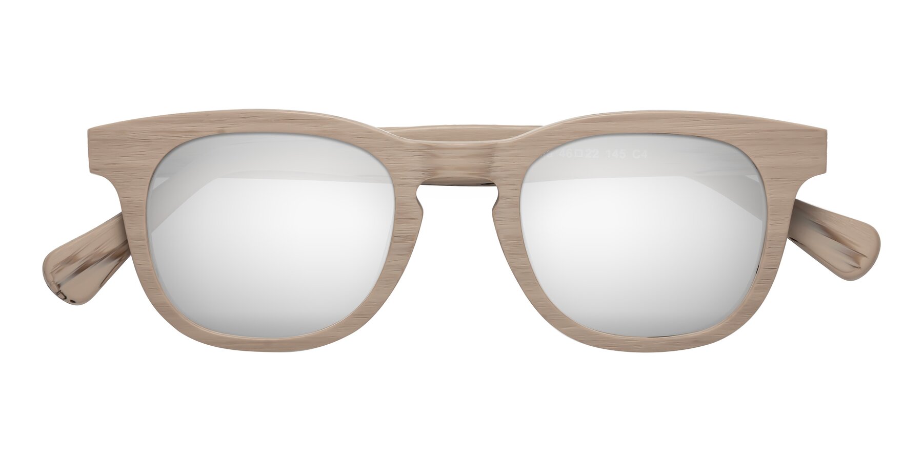 Folded Front of Tonia in Pale Mauve Woodgrain with Silver Mirrored Lenses