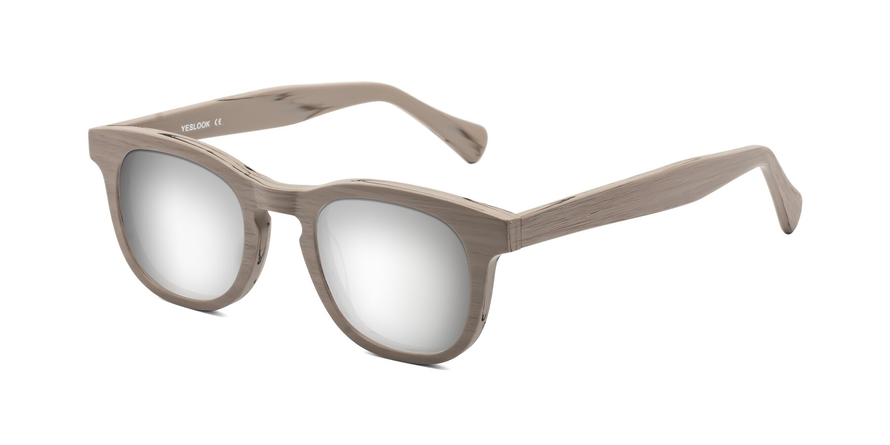 Angle of Tonia in Pale Mauve Woodgrain with Silver Mirrored Lenses