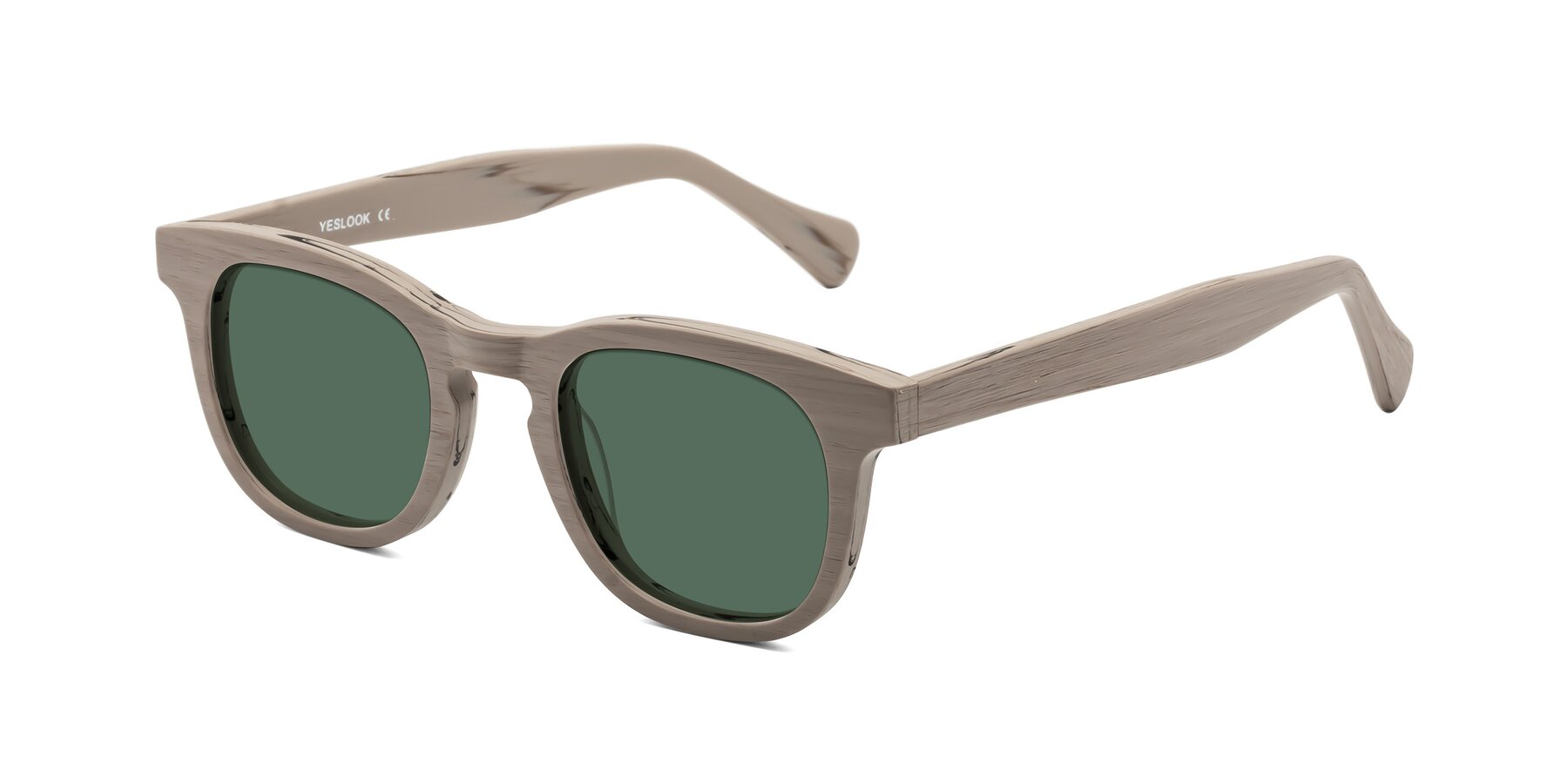 Angle of Tonia in Pale Mauve Woodgrain with Green Polarized Lenses