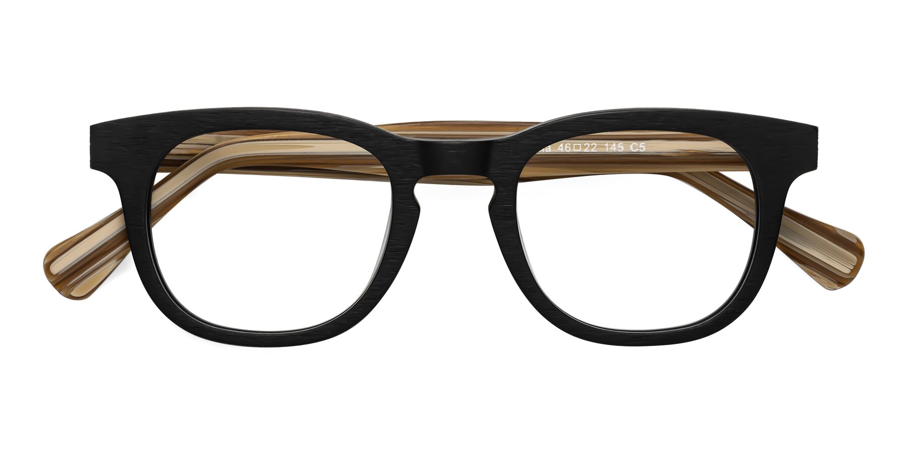 Folded Front of Tonia in Black-Sugar Woodgrain with Clear Eyeglass Lenses