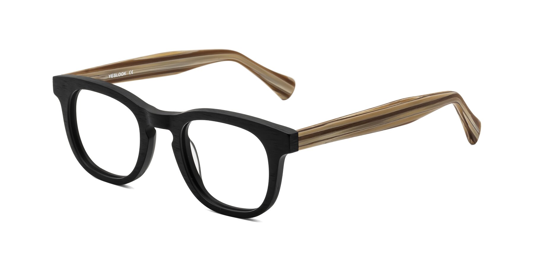 Angle of Tonia in Black-Sugar Woodgrain with Clear Eyeglass Lenses