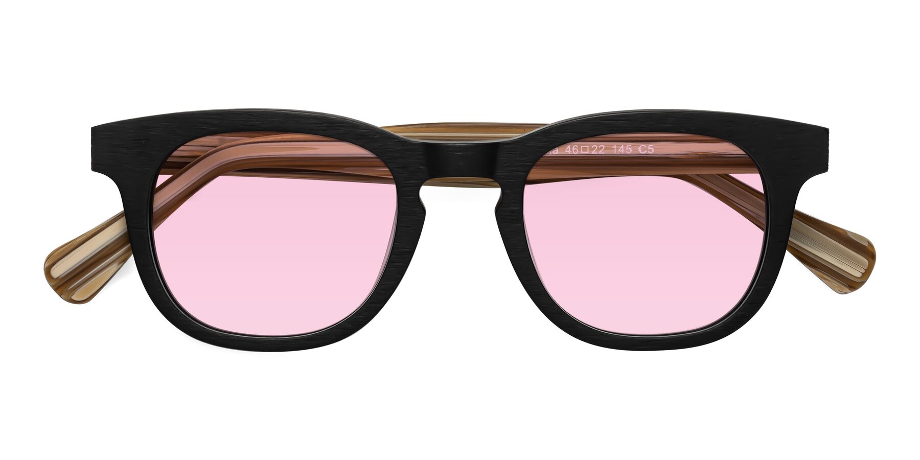 Folded Front of Tonia in Black-Sugar Woodgrain with Light Pink Tinted Lenses