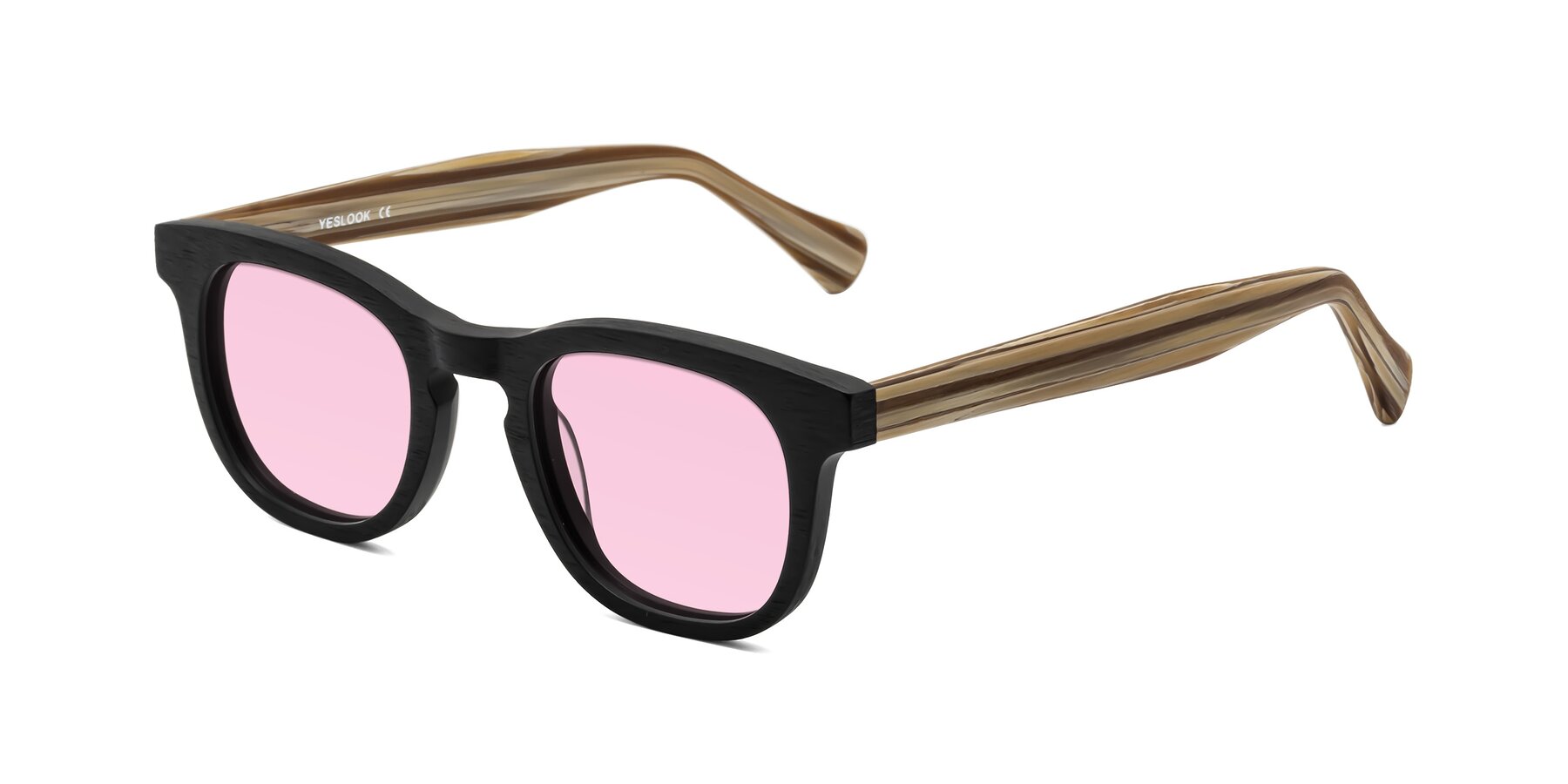 Angle of Tonia in Black-Sugar Woodgrain with Light Pink Tinted Lenses