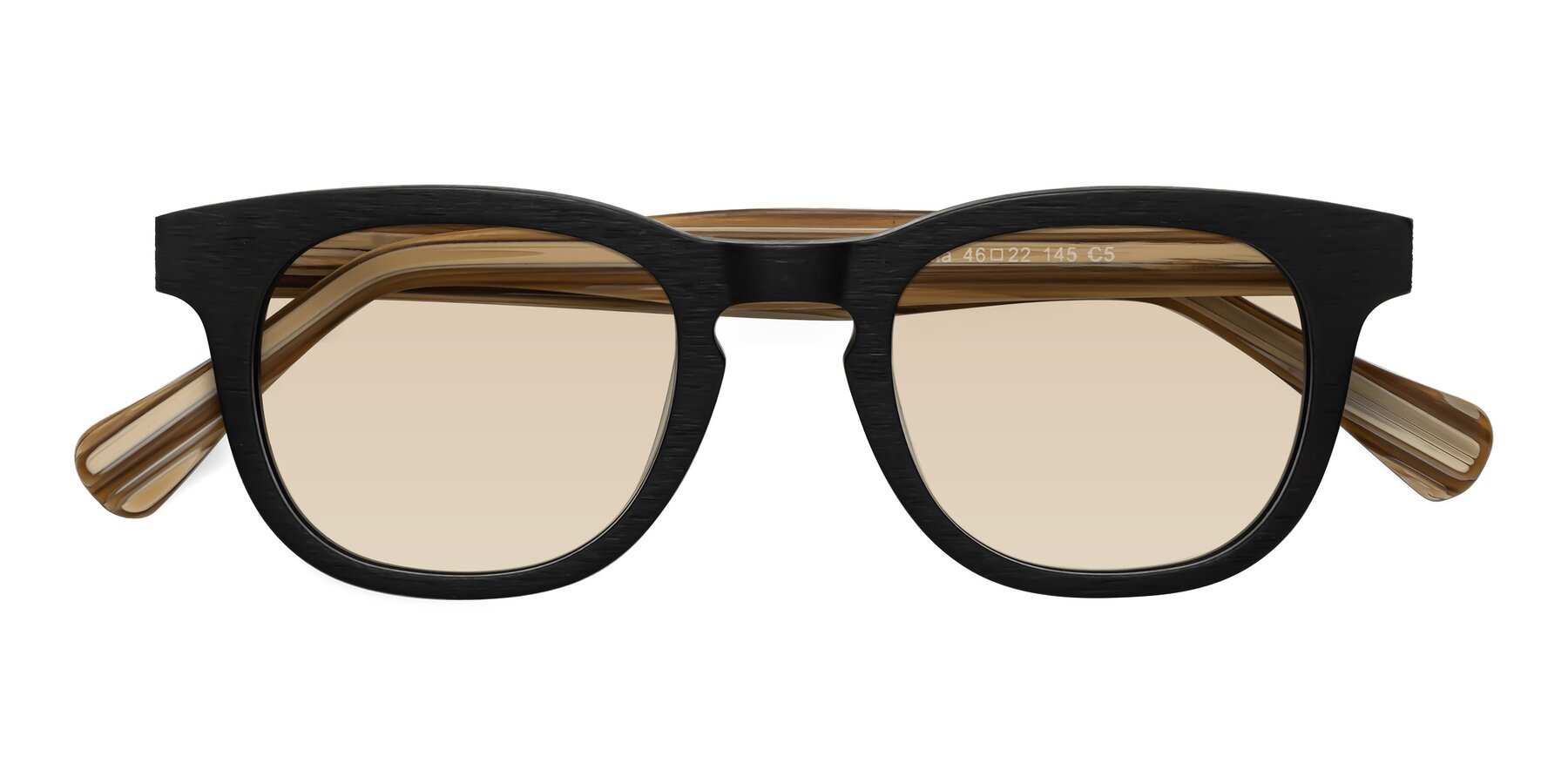 Folded Front of Tonia in Black-Sugar Woodgrain with Light Brown Tinted Lenses