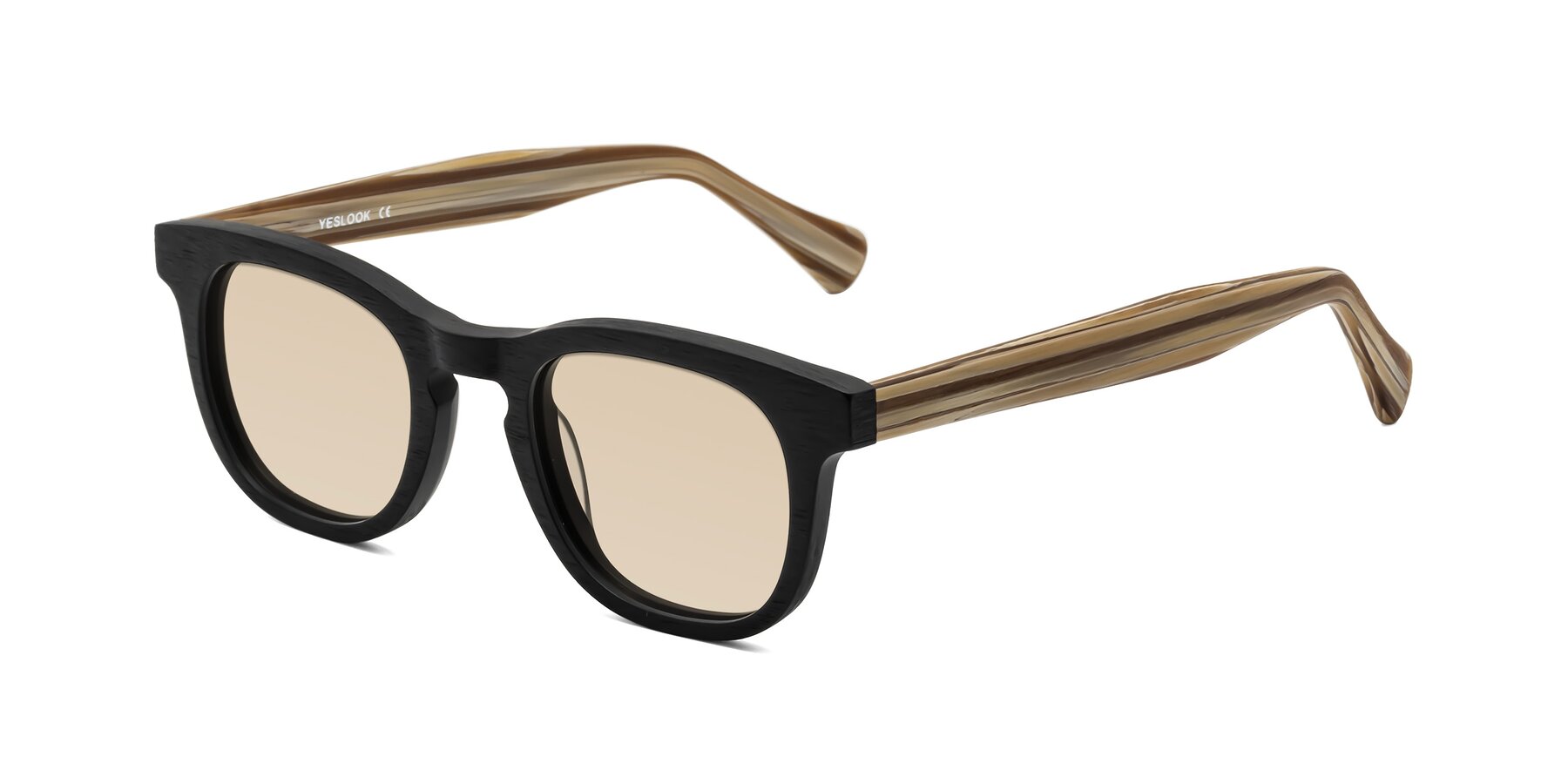 Angle of Tonia in Black-Sugar Woodgrain with Light Brown Tinted Lenses