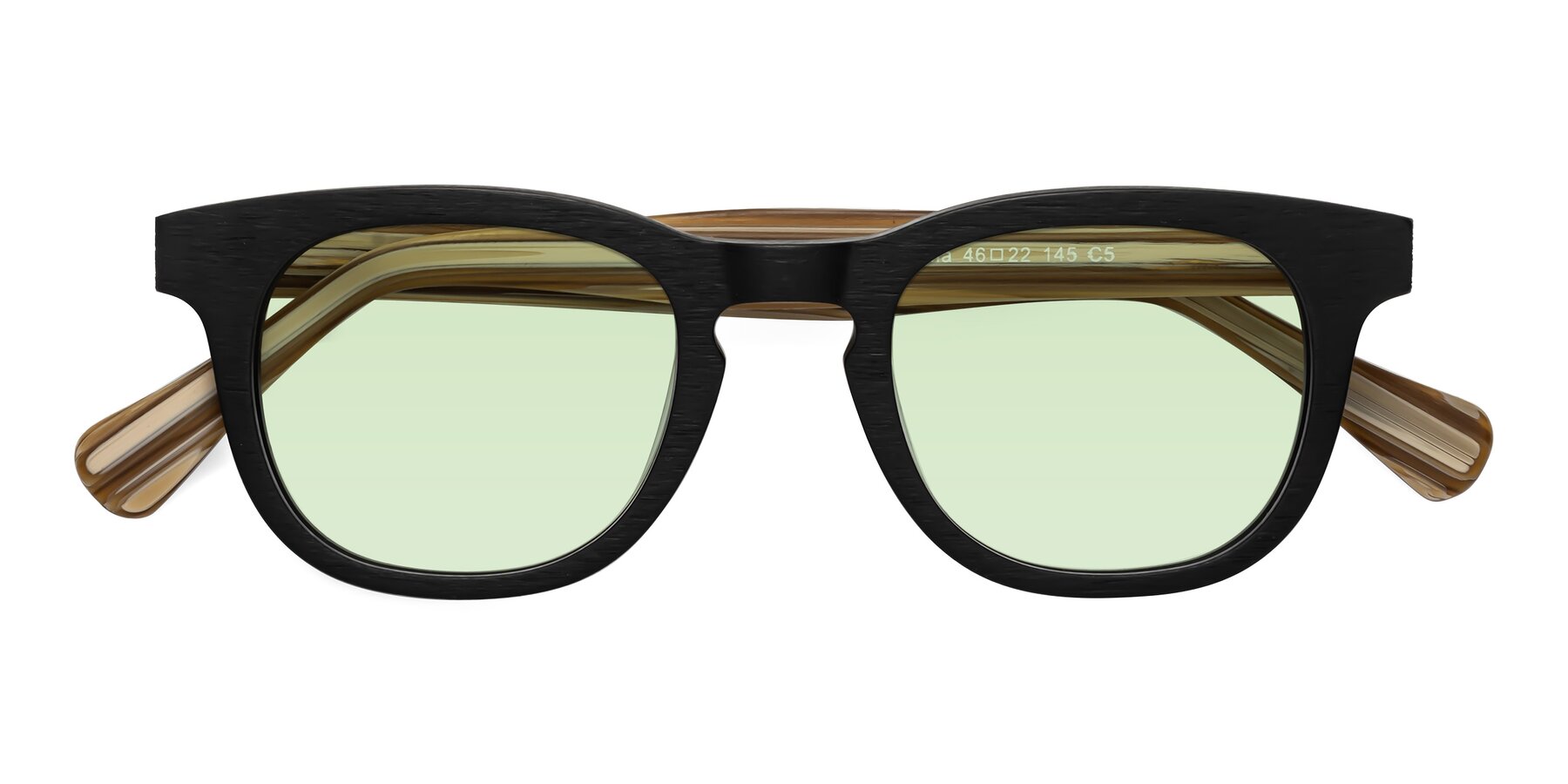 Folded Front of Tonia in Black-Sugar Woodgrain with Light Green Tinted Lenses