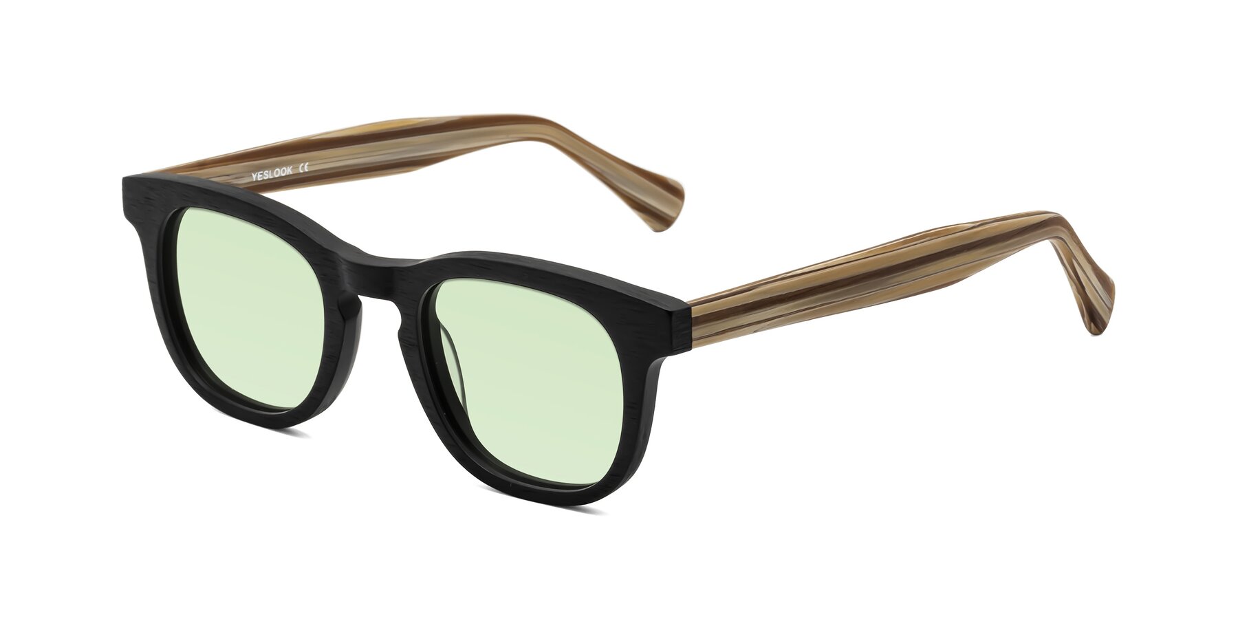 Angle of Tonia in Black-Sugar Woodgrain with Light Green Tinted Lenses