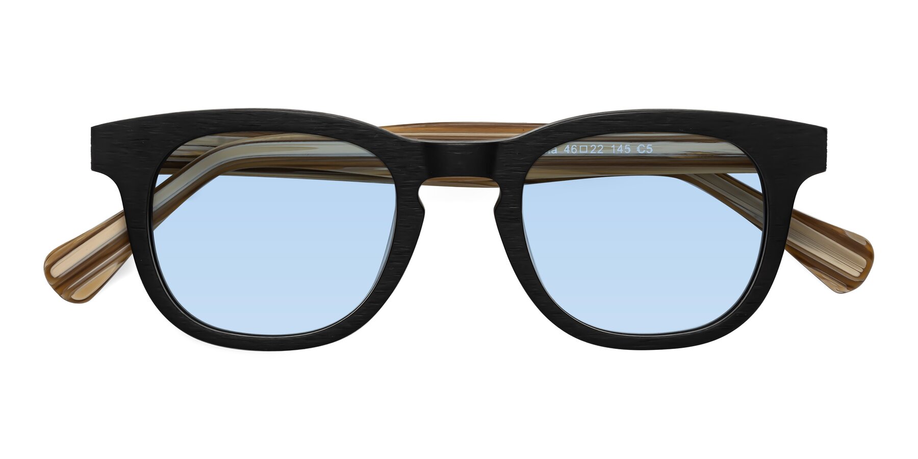 Folded Front of Tonia in Black-Sugar Woodgrain with Light Blue Tinted Lenses