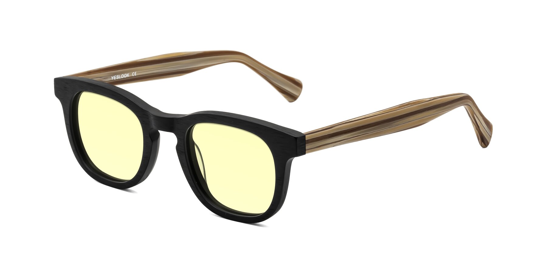 Angle of Tonia in Black-Sugar Woodgrain with Light Yellow Tinted Lenses