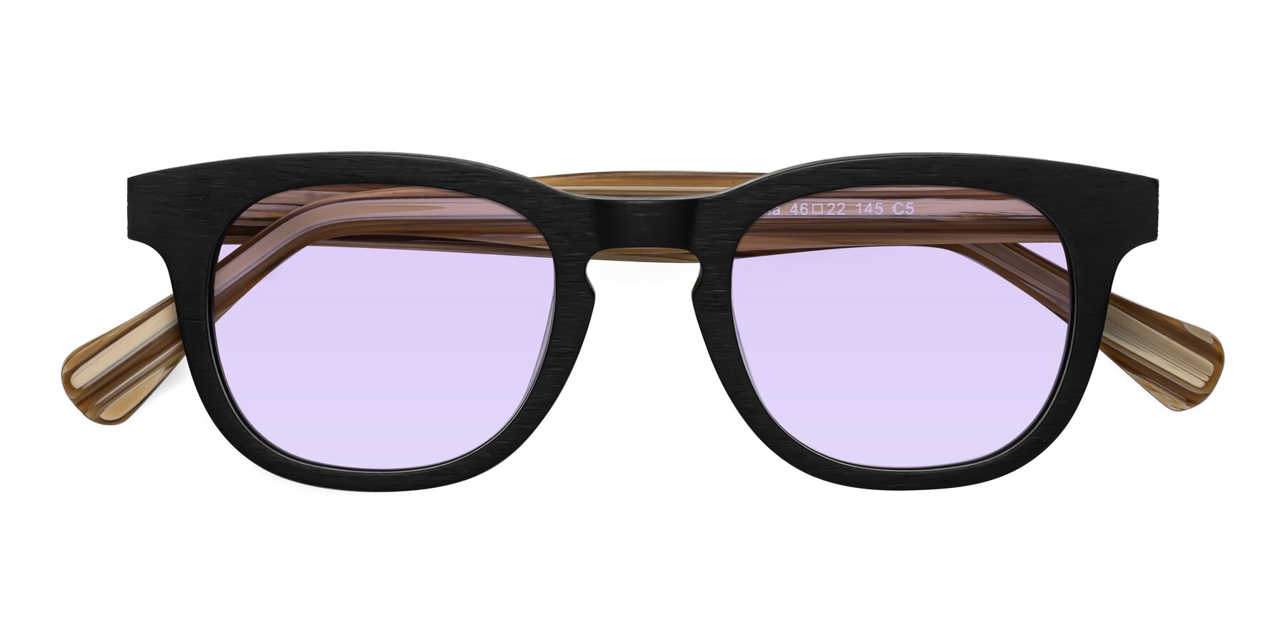 Folded Front of Tonia in Black-Sugar Woodgrain with Light Purple Tinted Lenses