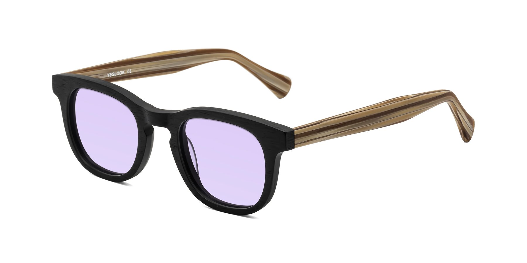 Angle of Tonia in Black-Sugar Woodgrain with Light Purple Tinted Lenses