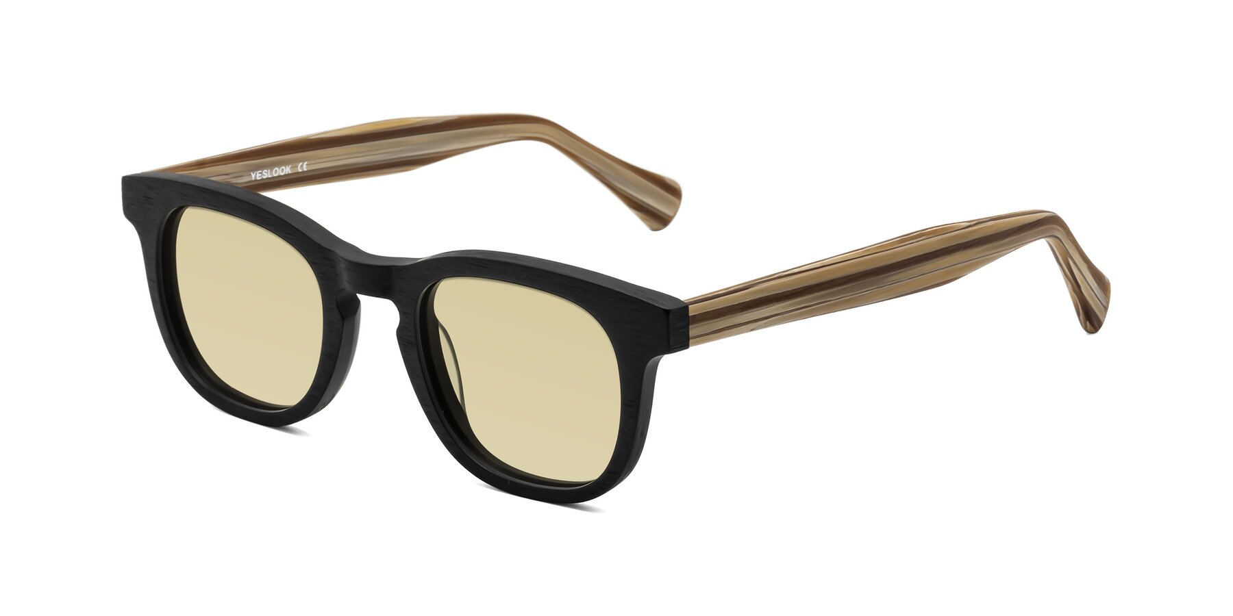 Angle of Tonia in Black-Sugar Woodgrain with Light Champagne Tinted Lenses