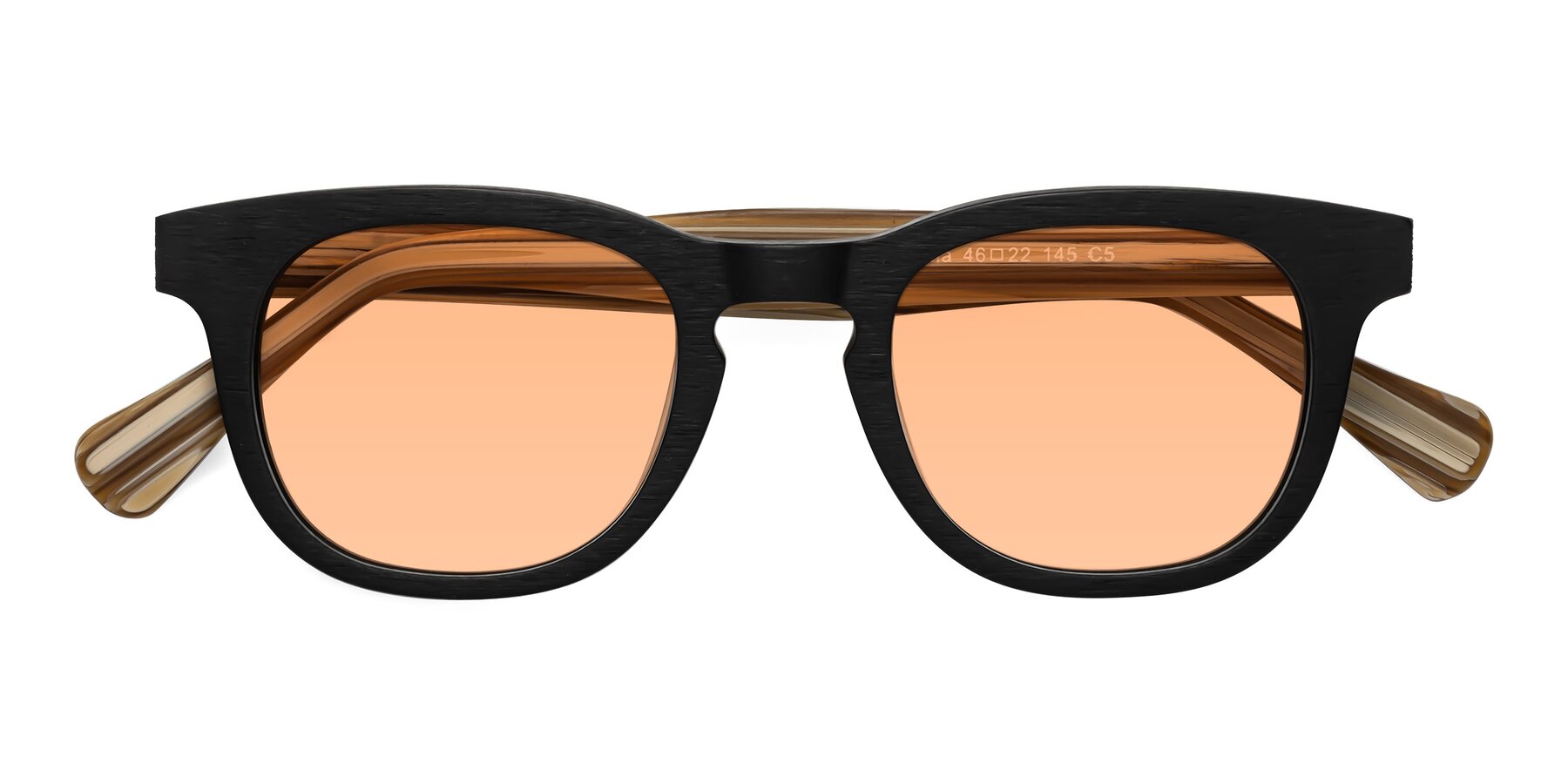 Folded Front of Tonia in Black-Sugar Woodgrain with Light Orange Tinted Lenses