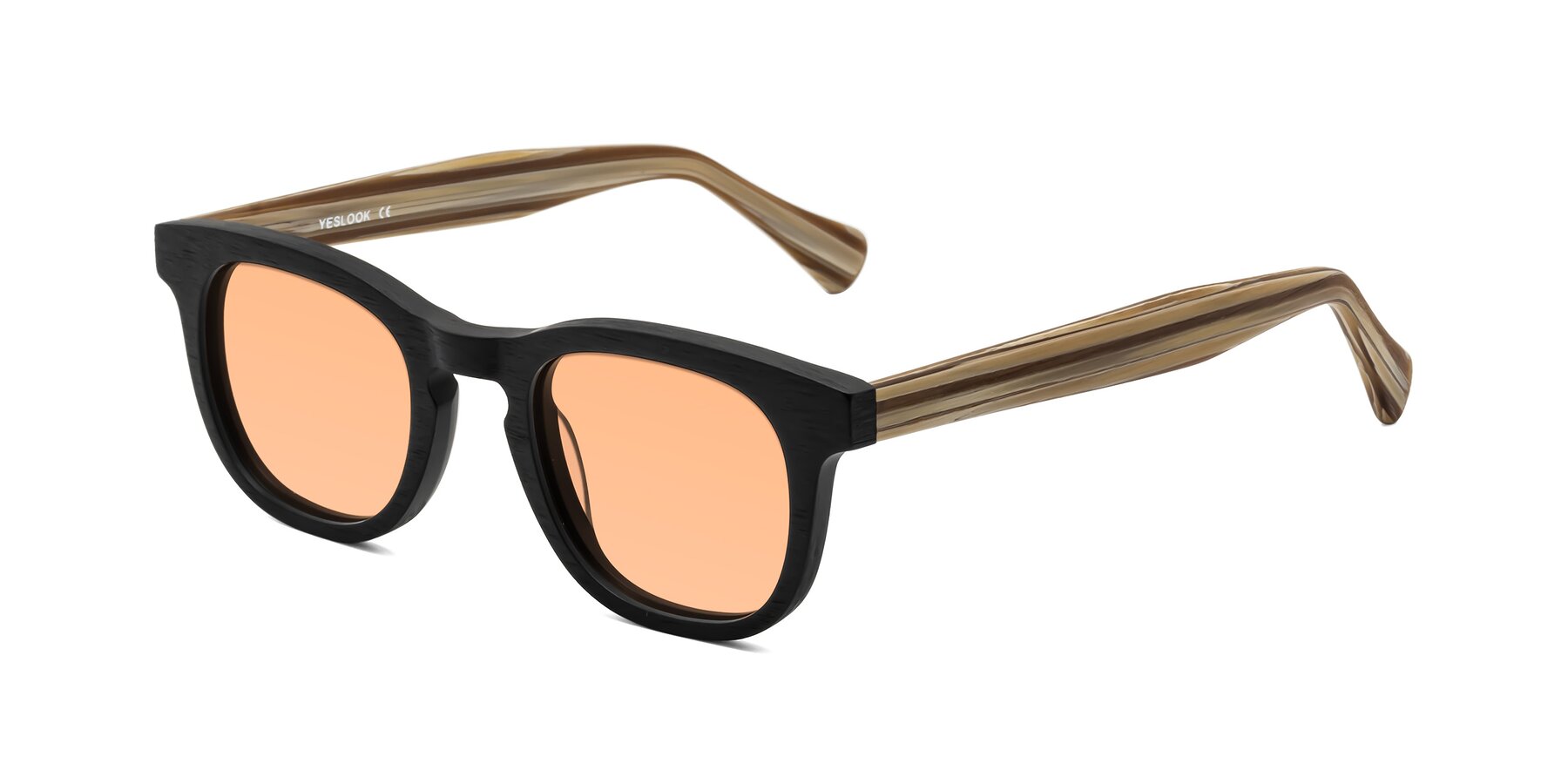 Angle of Tonia in Black-Sugar Woodgrain with Light Orange Tinted Lenses