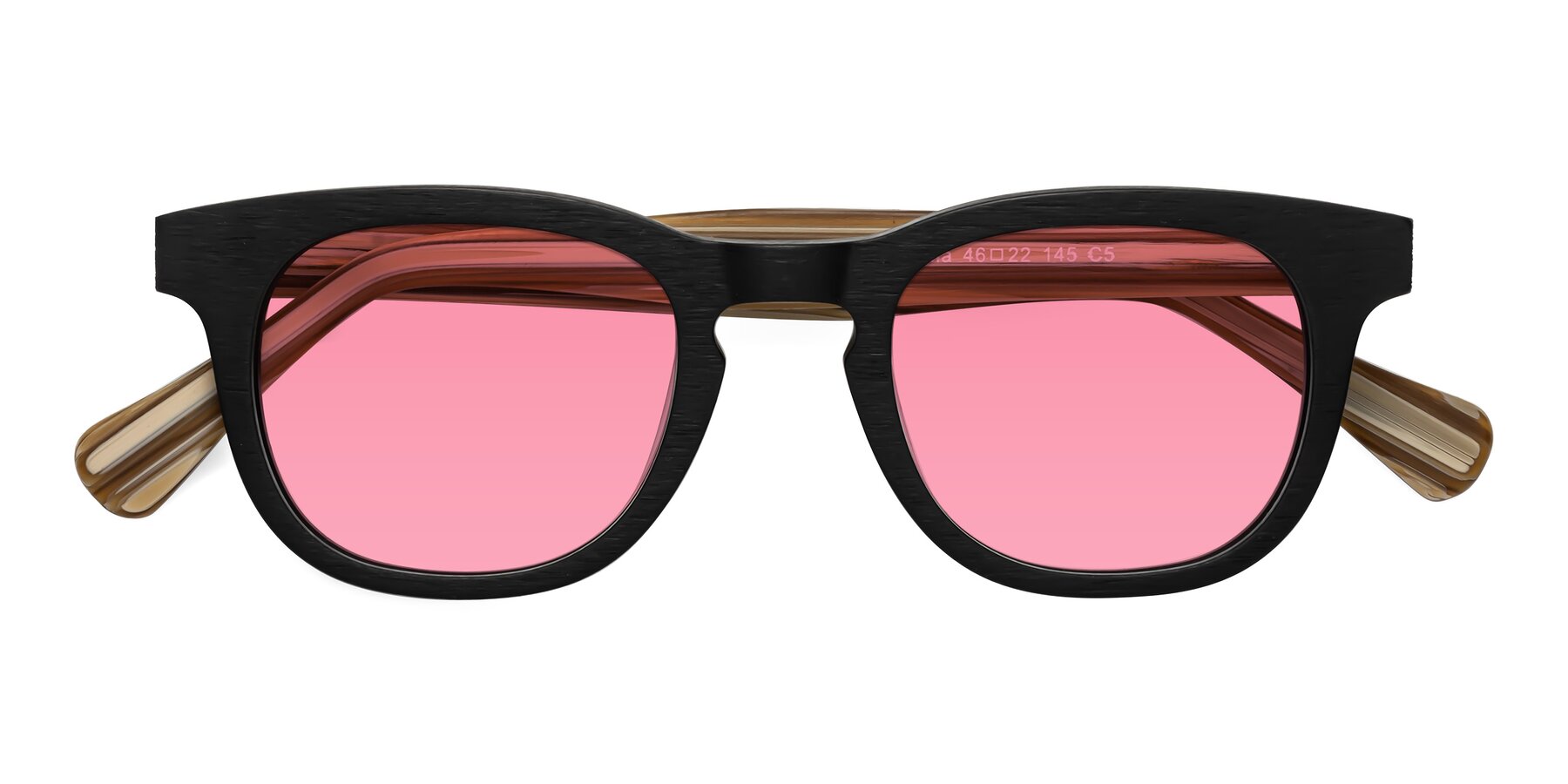 Folded Front of Tonia in Black-Sugar Woodgrain with Pink Tinted Lenses