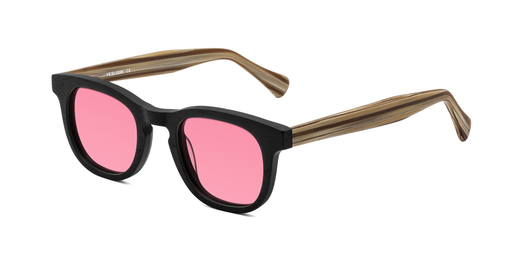 Angle of Tonia in Black-Sugar Woodgrain with Pink Tinted Lenses