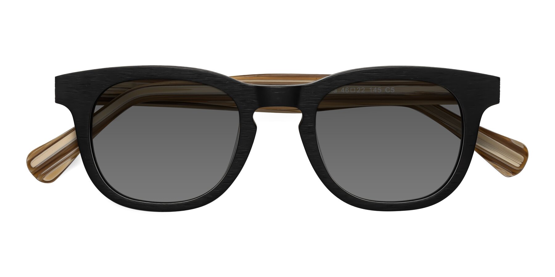 Folded Front of Tonia in Black-Sugar Woodgrain with Medium Gray Tinted Lenses