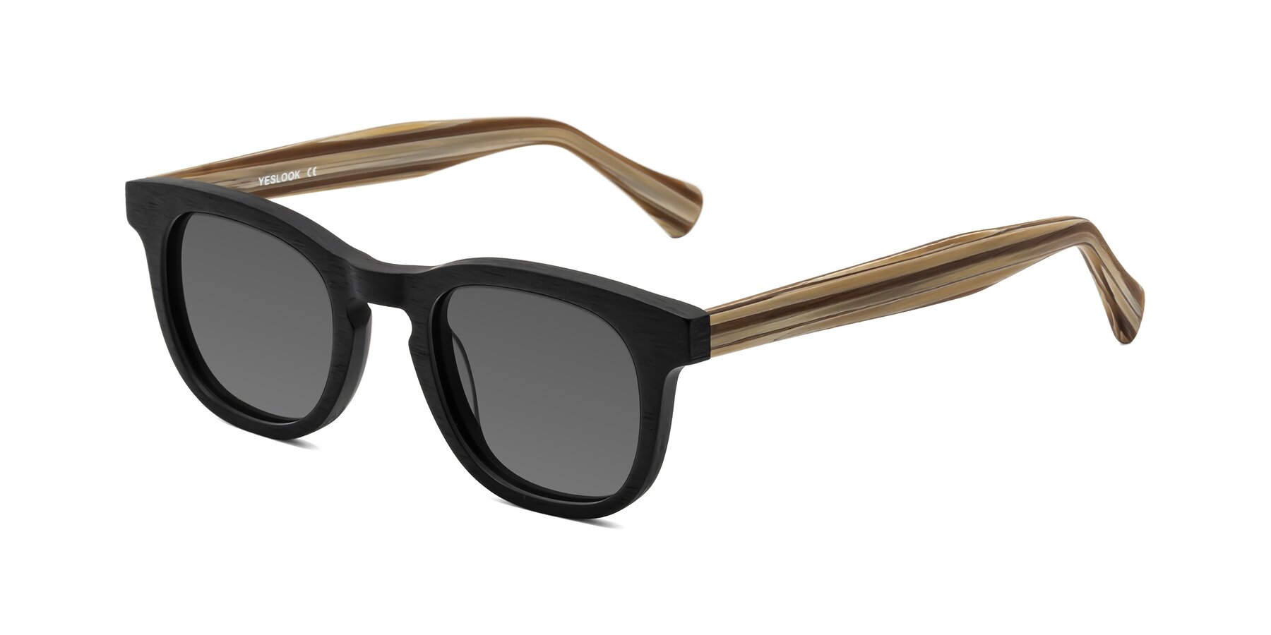 Angle of Tonia in Black-Sugar Woodgrain with Medium Gray Tinted Lenses